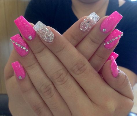 Hot Pink Fancy Nails, Neon Pink Birthday Nails, Neon Pink Sparkle Nails, Hot Pink Nails With Design Glitter, Neon Pink Nails With Glitter, Summer Bling Nails, Hot Pink Nails With Rhinestones, Smokey Nails, Pink Bling Nails