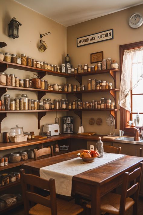 31 Apothecary Kitchen Decor Ideas – The Crafty Hacks Basement Apothecary, Apocathary Aesthetic, Modern Apothecary Kitchen, Apothecary Aesthetic Kitchen, Apothecary Shelves, Antique Kitchen Ideas, Apothecary Aesthetic, Apartment Apothecary, Apothecary Kitchen