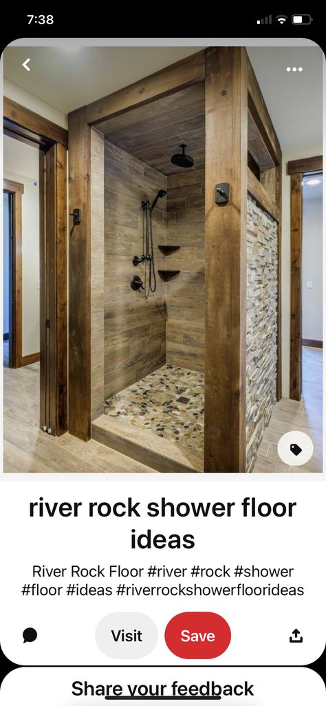 Rock Bathroom Ideas, Rustic Walk In Shower Ideas, River Rock Shower Floor, River Rock Floor, River Rock Shower, Rock Shower, Rustic Bathroom Remodel, Barn Bathroom, Master Bath Shower