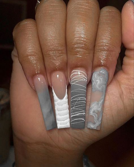 White And Grey Nails, Black And White Marble Nails, Grey Nails Ideas, Marble Nail Ideas, Gray Nail Designs, White Marble Nails, Black Marble Nails, Marble Acrylic Nails, Ballerina Acrylic Nails