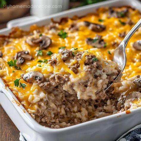 Comforting Beef and Rice Casserole Recipe - My Home Made Recipe Cheesy Beef Rice Casserole, Beef And Rice Bake, Rice A Roni Beef Recipes, Beefy Rice Casserole, Cheesy Beef And Rice Casserole, Rice Hamburger Casserole, Rice And Hamburger Casserole, Cheesy Ground Beef And Rice Casserole, Beef Rice A Roni Recipes