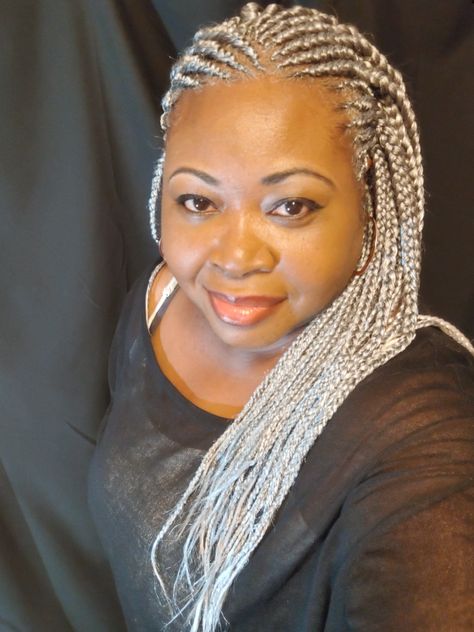 Gray Hair Cornrows, Gray Box Braids Hairstyles, Curve Braids, Grey Braids Hairstyles, Grey Box Braids Silver Black Women, Gray Braids For Black Women Silver Hair, Gray Box Braids, Braids For Older Black Women Over 50, Grey Dreads