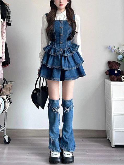 2023 Autumn Camisole Jean Dress Sleeveless Denim Slim Vintage Y2k Mini Dress Women 3 Piece Dress Set Korean Kpop Fashion, Jeans Clothes Dress, Mini New Jeans, Jeans Over Dress, Kpop Dress Ideas, Cute Denim Dress, Jeans And Denim, Dress On Jeans, Cute Female Outfits