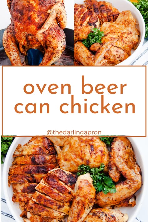 This Oven Beer Can Chicken is an easy way to roast a chicken with mouthwatering results! No grill is needed for this recipe that results in the perfect combination of juicy chicken & crispy skin. Beer Can Chicken Oven, Beer Can Chicken In The Oven Recipe, Beercan Chicken Oven, Oven Beer Can Chicken, Beer But Chicken In Oven, Beer Can Chicken In The Oven, Beer Chicken Oven, Whole Chicken In Oven, Parmesan Potato Stacks