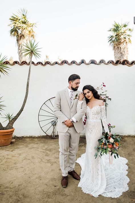 Southern California Spanish Wedding Style with Boho Flair | Hey Wedding Lady Hacienda Wedding Photography, Spanish Inspired Wedding Dress, Hacienda Wedding Dress, Mexican Fairytale, Mazatlan Wedding, Spanish Style Wedding Dress, Copper Color Palette, Spanish Style Weddings, Spanish Inspired Wedding