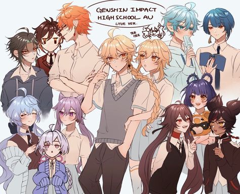 Genshin School Au Fanart, Genshin Highschool Au Fanart, Genshin Impact Highschool Au, Genshin Highschool Au, Genshin School Au, Genshin Highschool, Genshin Modern Au, Genshin Modern, Highschool Au