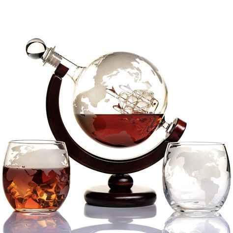 PRICES MAY VARY. 🥃 6 in 1 Full Set: our decanter comes with 2 engraved world map glasses, wooden stand, bottle stopper and pouring funnel. 🥃 Universal alcohol carafe - Whiskey decanter replaces all your bottles and could be filled with whiskey, vodka, rum, scotch, wine, brandy, liquor, rice wine, juice, gin, any kind of alcoholic beverages in your bar. Romantic item for him. 🥃 Only lead-free glass– luxury gifts for parents made by skilled artisans out of lead-free safe glass. It is shiny, saf Brandy Liquor, Alcohol Glasses, Beer Bottle Art, Whisky Decanter, Home Bar Accessories, Whiskey Decanter Set, Vintage Decanter, Whiskey Gifts, Liquor Decanter