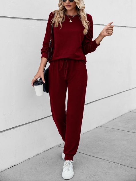 Burgundy Sweatpants Outfit, Burgundy Joggers, Lounge Wear Sets, Lounge Outfits, Sweatpants Outfit, Joggers Outfit, Round Neck Tops, Matching Top, Two Piece Outfit