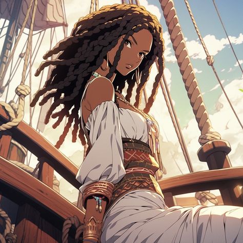 black anime character Black Pirates, Movie Inspiration, Dark Grey Hair, Anime Pirate, Black Pirate, Girl Pirates, Pretty Braids, Wedding Crashers, Pirate Woman