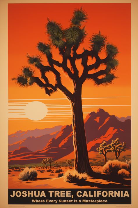 Retro Joshua Tree travel poster that reads "Joshua Tree, CA: where every sunset is a masterpiece" Joshua Tree Poster, Travel Advertisement, Casting Shadows, Distant Mountains, Tree Poster, Joshua Tree California, Room Stuff, Desert Sunset, National Park Posters