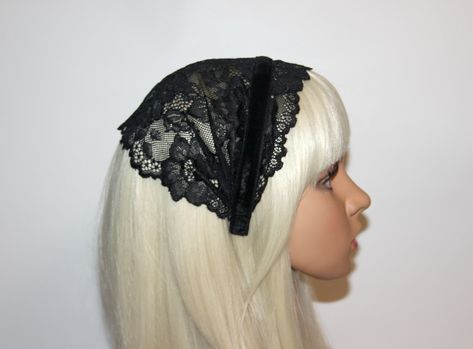 Goth Head Accessories, Black Hair Scarf, Veil Christian, Goth Headband, Cloth Headbands, Head Veil, Christian Head Covering, Veil Black, Ribbon Pattern