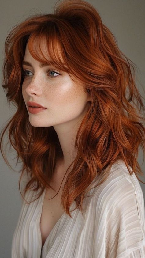 Auburn Hair Styles, Auburn Hair With Wispy Bangs, Woman With Auburn Hair, Copper Red Hair With Bangs, Red Head Bangs Long Hair, Auburn Haur, Medium Layered Haircuts, Natural Red Hair, Ice Blonde