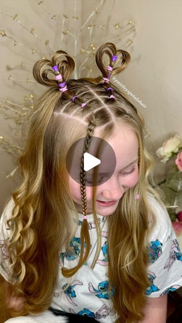 Jenna McDaniel- Girl’s Hairstyles on Instagram: "Day 21 of heart hairstyles! 💗  We saw these floating hearts “floating” around, and had to put our own little spin on them! So why not make them double floating hearts! 💕 We added braids to the front for the “tween” look…mainly Paisley just loves any style that has her wispies and mini braids! Full tutorial will be up on our YouTube later today with all of the tips and tricks, link in bio!  O.G. 🩷 inspo: @hairtodream   💜Super cute & durable elastics by @theponypick code:hair20. I haven’t loved using elastics in a longtime with how thick Paisley’s hair is. We have been using rubber bands, but these new elastics have been amazing! 🙌🏻" Heart Ponytails For Kids, New Cute Hairstyles, Heart Pigtails Tutorial, Trolls Hairstyles, Hearts In Hair, Heart Shape Hairstyles, Kids Crazy Hair Day Ideas, Mini Rubber Band Hairstyles, Crazy Braids Hairstyles