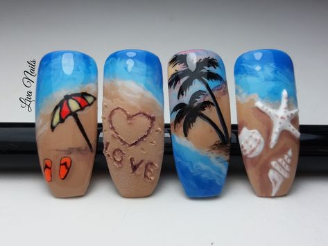 Summer Nails Sea, Beautiful Sea Beach, Summer Nails 2020, Rockabilly Nails, Sea Nail Art, Manicure Soak, Beach Nail Art, Beach Nail Designs, Sea Nails