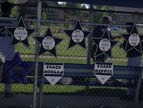 Another summer baseball All Star team idea.  Love the coaches flags. Baseball Dugout Decorating Ideas, Baseball Tournament Decorations, Little League All Star Ideas, Lockeroom Decorations, Baseball Allstars Ideas, Softball All Star Ideas, Baseball Opening Day Ideas Little League, Baseball Team Mom Ideas, All Star Baseball Ideas