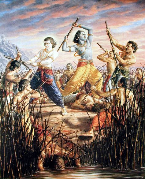 yadav history - The Origin of Yadav dynasty-http://yadavhistory.com/origin_of_yadavs Yaduvanshis stopped for a break on their route to Prabhas and did consume alcoholic beverages. By now, the curse of the rishis came into effect and Sambh gave birth to a "moosal". In order to reduce its effect, they crushed the moosal or the iron club into “burada” or powder and sprayed it all around their camps. Vishnu Avataras, Krishna Avatar, The Mahabharata, Srila Prabhupada, Hindu Dharma, Hinduism Art, Vedic Art, Lord Krishna Wallpapers, Krishna Radha Painting