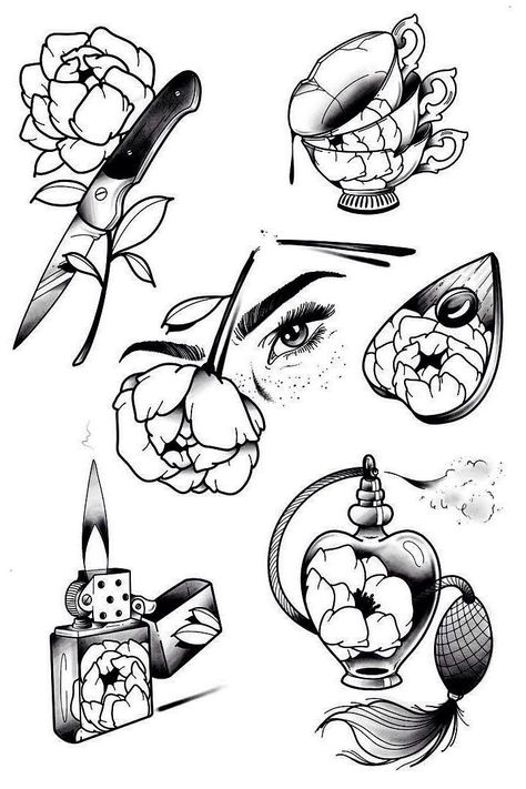 Neotraditional Flash Sheet, Neotraditional Tattoo Flash Sheet, Neotraditional Tattoo Black And Grey, Traditional Tattoo Black And Grey, Bushido Tattoo, Halloween Tattoo Flash, Character Design Concept Art, Wrist Tattoo Designs, Type Tattoo