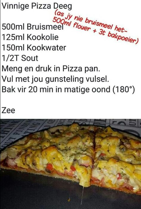 Easy Pizza Recipes, Maklike Resepte, Pizza Dough Recipes, Homemade Breakfast Recipes, Cookie Recipes Homemade, Dough Recipes, Homemade Pizza Dough, Pizza Recipes Homemade, South African Recipes