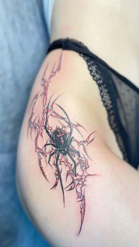 Aesthetic Spider Tattoo, Spider Cybersigilism Tattoo, Back Spider Tattoo, Hxh Spider Tattoo, Spider Tattoos, Spider Web Tattoo, Web Spider, Web Tattoo, Spider Tattoo