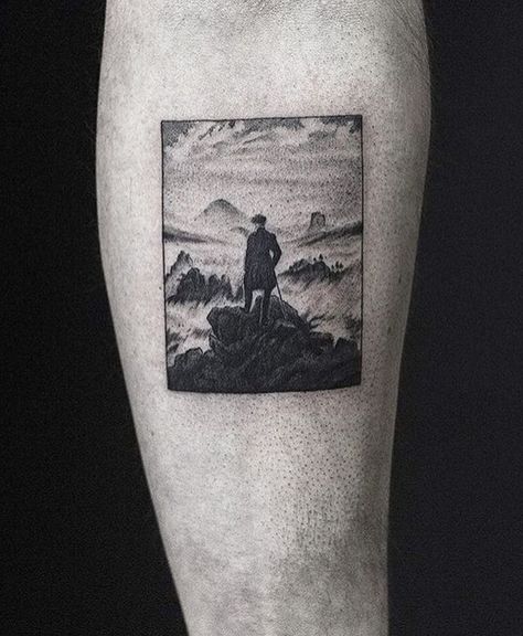 Wanderer Tattoo, Aa Tattoos, David Friedrich, Sea Tattoo, Single Needle Tattoo, Circle Tattoos, Greek Tattoos, Caspar David Friedrich, Inked Tattoo