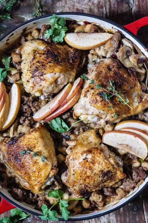 Harvest Roasted Chicken and Stuffing Skillet - My Kitchen Little Roasted Chicken And Stuffing, Thanksgiving Meal Plan, Chicken And Stuffing, Easy Home Recipes, Harissa Chicken, Turkey Tenderloin, Thanksgiving Prep, Herb Stuffing, Easy Autumn Recipes