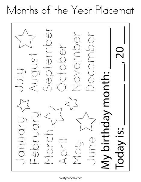 Months of the Year Placemat Coloring Page - Twisty Noodle Month Of The Year Coloring Pages, Months Of The Year Tracing Worksheet, Months Worksheet Kindergarten, Months Of The Year Activities For Kids, Months Of The Year Worksheets For Kids, Months Worksheet For Kids, Months Of The Year Worksheet Preschool, Month Of The Year Worksheet, Months Of The Year Preschool