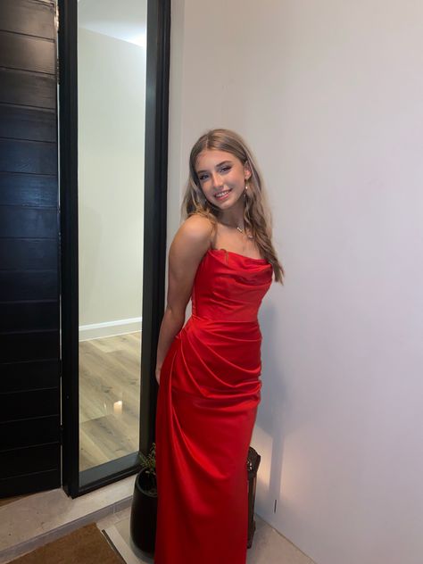 Red Dress Instagram Pictures, Red Dress Aesthetic Prom, Red Satin Formal Dress, Red House Of Cb Dress, House Of Cb Adrienne Dress, Red Dress Semi Formal, Year 10 Formal Dresses Australia, Prom Night Aesthetic, Year 10 Formal