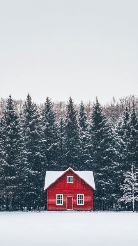 A cozy red cabin surrounded by snow-covered trees in a serene winter forest, perfect for an iPhone winter wallpaper. Cozy Winter Iphone Wallpaper, Cozy Christmas Wallpaper Iphone, Ipad Winter Wallpaper, Winter Cozy Wallpaper, Rustic Christmas Wallpaper, Warm Christmas Wallpaper, Cozy Iphone Wallpaper, Vintage Winter Wallpaper, Holiday Wallpaper Iphone