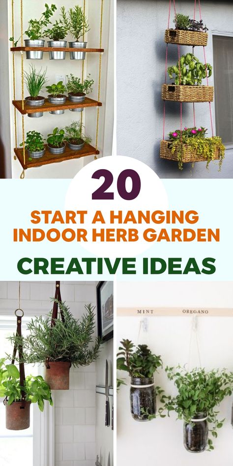 Enhance your cooking experience by starting a hanging indoor herb garden! Enjoy fresh flavors year-round by selecting sunny spots or installing grow lights for proper herb growth. Choose from a variety of herbs like basil, mint, parsley, and thyme. Repurpose mason jars or hang planters with drainage holes filled with nutrient-rich soil to plant your herbs. Hang them using hooks or a hanging system and remember to water regularly while harvesting when needed. Herb Wall Planter Indoor, Herbs Shelf Kitchen, Herb Kitchen Ideas, Spice Plants In Kitchen, Kitchen Hanging Herb Garden, Indoor Herb Garden Planter, Diy Window Herb Garden, Indoor Herb Garden Containers, Herbs In Kitchen Ideas