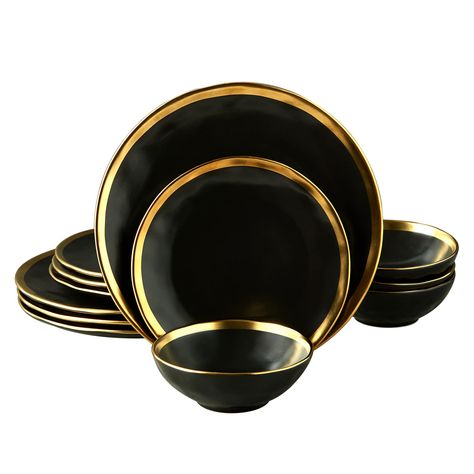 PRICES MAY VARY. UNIQUE DESIGN: Expertly crafted black porcelain match with royal gold rim, perfectly shows a feeling of imperial and honorable. Concave convex pattern not only gives plate and bowl sets aesthetic feeling, but also increases the texture of use. Elegant, fashionable and modern. Perfect match with your favorite tableware and glassware. ***WARM TIPS: Remember not to use strong acidic or alkaline detergents, as they will react with the golden edges and cause them to discolor or peel Matte Black Plates, Black Dinnerware Set, Black Dinnerware, Gold Dinnerware, Plates And Bowls Set, Kitchen Plate, Gold Living Room, Black Porcelain, Stoneware Dishes