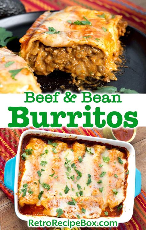 Beef and Bean Burritos are perfect for feeding your hungry crowd. These tasty burritos have lots of ground beef and bean filling and a good amount of cheese to make these oven baked burritos extra delicious! retrorecipebox.com Bean And Beef Burritos, Ground Beef Burritos, Beef And Bean Burritos, Bean Burritos Recipe, Baked Burritos, Easy Burrito Recipe, Homemade Burritos, Burritos Beef, Beef Burrito Recipe