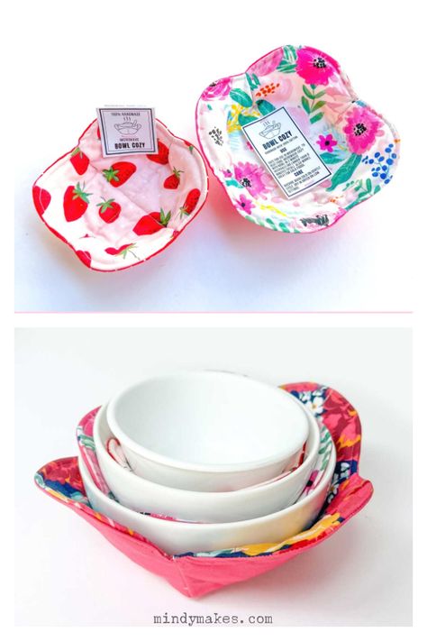 Bowl Cozies Free Sewing Pattern Flower Bowl Cozy Pattern Free, Bowl Cozy Pattern Free Printable, Bowl Cozy Pattern Free, Bowl Cozy Pattern, Upcycle Toys, Easy Sewing Patterns Free, Easter Bunny Treats, Ice Cream Cozy, Bowl Cozies