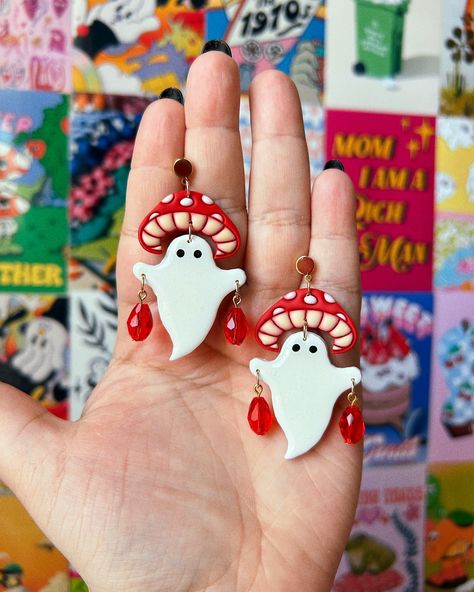 Yoanne•Handmade Polymer Clay Jewelry (@yoanneclayco) • Instagram photos and videos Ghost Clay, Mushroom Ghost, Month Challenge, Love And Care, Clay Sculpture, Dangly Earrings, Handmade With Love, Diy Clay, Polymer Clay Crafts