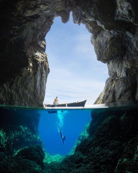 Greece Travel | Explore caves along the rugged and remote coast of Karpathos Island Levitation Photography, Double Exposure Photography, Karpathos, Norman Vincent Peale, Cave Diving, Experimental Photography, Exposure Photography, Underwater Photos, Water Photography