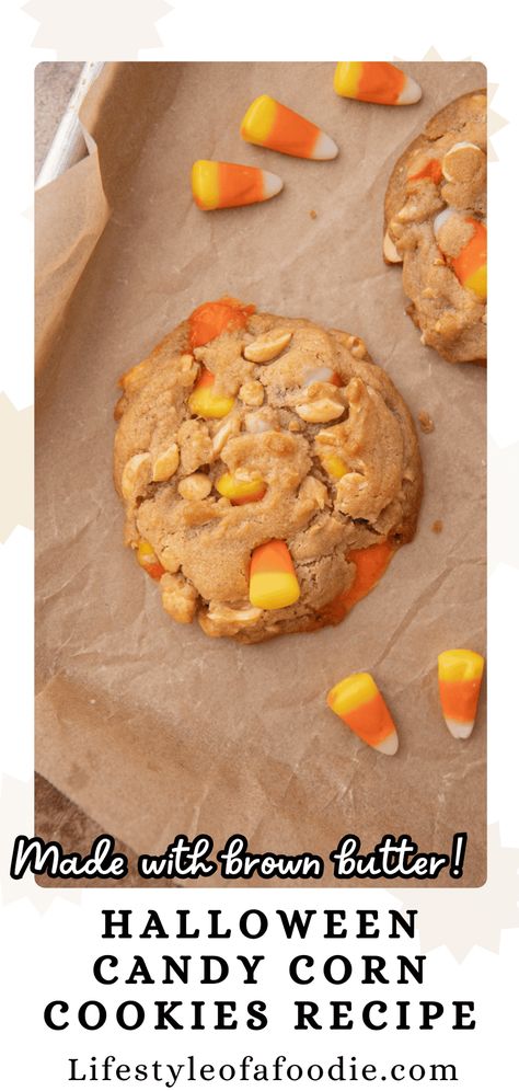 This Candy Corn Cookies recipe is made with roasted peanuts, rich browned butter, and an abundance of colorful candy corn pieces. Corn Cookies Recipe, Halloween Candy Corn Cookies, Halloween Dessert Recipes Easy, Candy Corn Desserts, Corn Cookies, Lifestyle Of A Foodie, Easy Halloween Cookies, Candy Corn Cookies, Leftover Candy