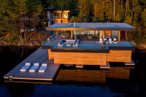 Mortimers Point Boathouse - Tiltco - Windows, Doors, Curtain Wall Modern Boathouse, House Built Into Hillside, House Yacht, Boathouse Design, Boat Garage, Neoclassical House, Muskoka Cottage, Floating Architecture, Lake Houses Exterior