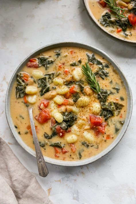 Creamy White Bean and Gnocchi Soup White Bean Gnocchi, Bean Gnocchi, Kale And Bean Soup, Beans Vegetable, Comfort Soup Recipes, Bean Pasta, Gnocchi Soup, Comfort Soup, Gnocchi Recipes