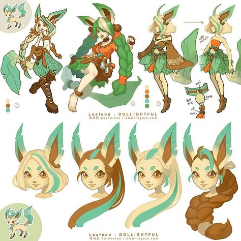 Dollightful (Katherine) on Instagram: “🍃Leafeon Concepts!! Kind of already decided on the outfit (hehe) but if you could help me choose a hairstyle, I'd be grateful!🍃 리피아 콘셉트…” Pokemon Gijinka Cosplay, Dollightful Eeveelutions, Dollightful Concept Art, Leafeon Gijinka, Dollightful Art, Eeveelution Gijinka, Eeveelutions Cosplay, Leafeon Cosplay, Pokemon Outfits