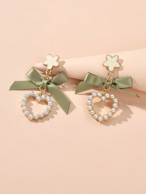 Bows And Pearls, Gelang Manik-manik, Gelang Manik, Pearl Heart, Magical Jewelry, Girly Accessories, Fancy Jewellery, Heart Drop Earrings, Rhinestone Heart