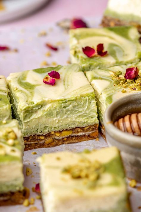 Baklava Pistachio Cheesecake, Quick Cheesecake, Phyllo Pastry, Pistachio Dessert, Baklava Cheesecake, Pistachio Cheesecake, Raw Pistachios, Honey Simple Syrup, Plum Recipes