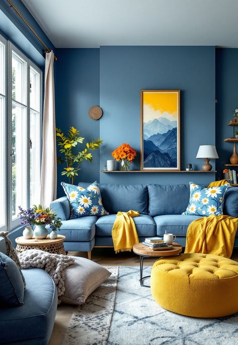 Blue and Yellow Boho Decor Gray Blue Yellow Living Room, Dark Blue And Yellow Living Room, Blue And Yellow Interior, Yellow And Blue Living Room, Rustic Living Room Colors, Boho Rustic Living Room, Blue And Yellow Living Room, Fort Ideas, Denim Upholstery