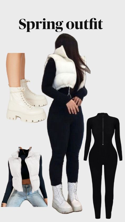 White sleeveless puffer jacket, black full-body jumpsuit, white lace up boots Laced Boots Outfit, White Lace Up Boots, Full Body Jumpsuit, Sleeveless Puffer Jacket, Puffer Outfit, Pretty Winter Outfits, Black Lace Boots, Winter Boots Outfits, Laced Boots