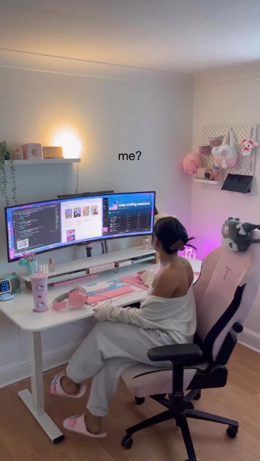 Feminine Pc Setup, Work Computer Setup, Pc Gaming And Work Setup, Bf Gf Gaming Setup, Desk Ideas Dual Monitor, Gaming Set Up In Living Room, Desk Top Setup, Gaming Setup For Women, White And Pink Desk Setup