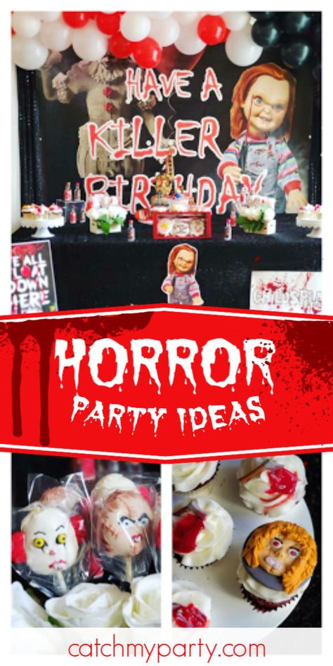 Horror Movie Birthday Party Ideas, Horror Movie Themed Birthday Party, Scary Movie Birthday Party, Chucky Themed Birthday Party, Chucky Birthday Party Ideas, Scary Birthday Party Ideas, Killer Birthday Theme, Horror Movie Party Ideas, Horror Party Ideas