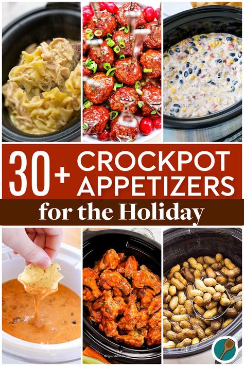 A collage of crockpot appetizers for the holiday season, featuring dips, meatballs, wings, and other easy-to-make dishes perfect for holiday gatherings. Holiday Crockpot Appetizers, Crockpot Finger Food, Easy Crockpot Appetizers, Slow Cooker Party Food, Holiday Appetizers Christmas Parties, Holiday Crockpot, Meatball Appetizer Crockpot, Christmas Crockpot Recipes, Slow Cooker Holiday Recipes