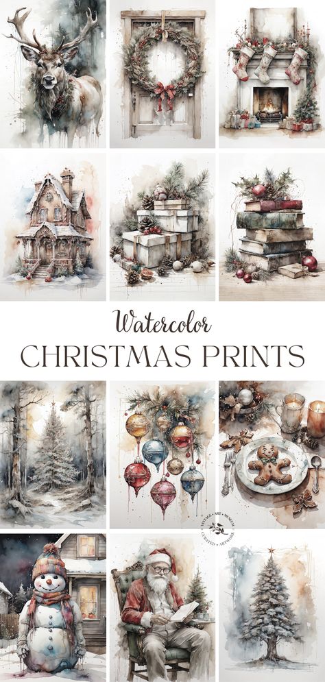 Antique Christmas Decorations Rustic, Free Christmas Printables Vintage Clip Art, Modern Traditional Christmas Decor, Decoupage Christmas Ideas, Christmas Wall Collage, Christmas Clipart Free Printable, Christmas Decoupage Ideas, Watercolor Art Christmas, Free Christmas Printables Vintage