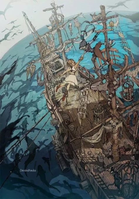 Demizu Posuka, Arte Cyberpunk, 다크 판타지, Fantasy Concept Art, Pirate Ship, Environment Concept Art, Environmental Art, Fantasy Artwork, Fantasy Landscape