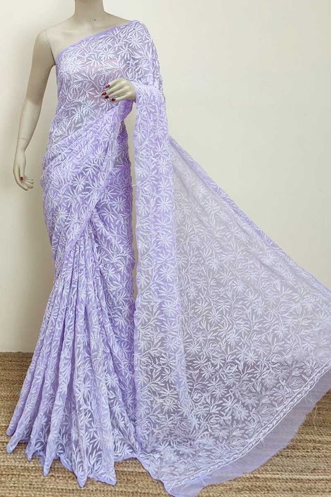 Lavender Colour Georgette Lucknowi Chikankari Tepchi Saree (with Blouse) MC253002 Lavender Color, Sarees Online, Lavender, Saree