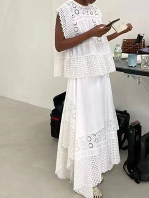 White set of 2 eyelet lace top and skirt - Wapas White Dress Long Casual, White Cotton Lace Dress, Eyelet Lace Top, White Lace Fabric, Romper And Jacket, White Set, Top And Skirt, Eyelet Lace, Wide Pants