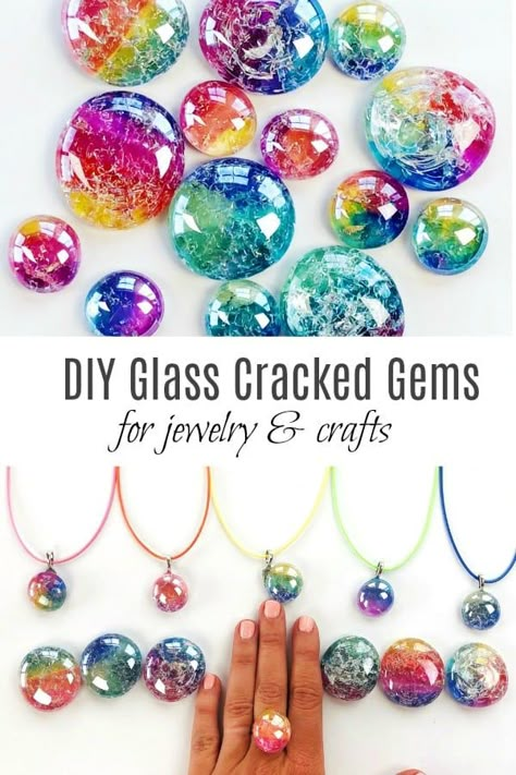 DIY Glass Cracked Gems and Stones Jewelry • Color Made Happy Girls Camp Crafts, Gem Crafts, Stones Jewelry, Glass Gems, Camping Crafts, Mason Jar Crafts, Paper Clay, Crafts Jewelry, Jar Crafts